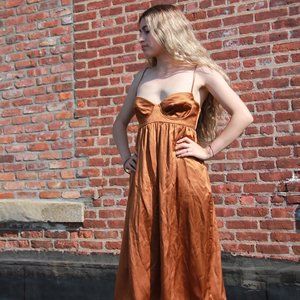 Melero Silk Satin Empire Midi Dress – Bronze Elegance